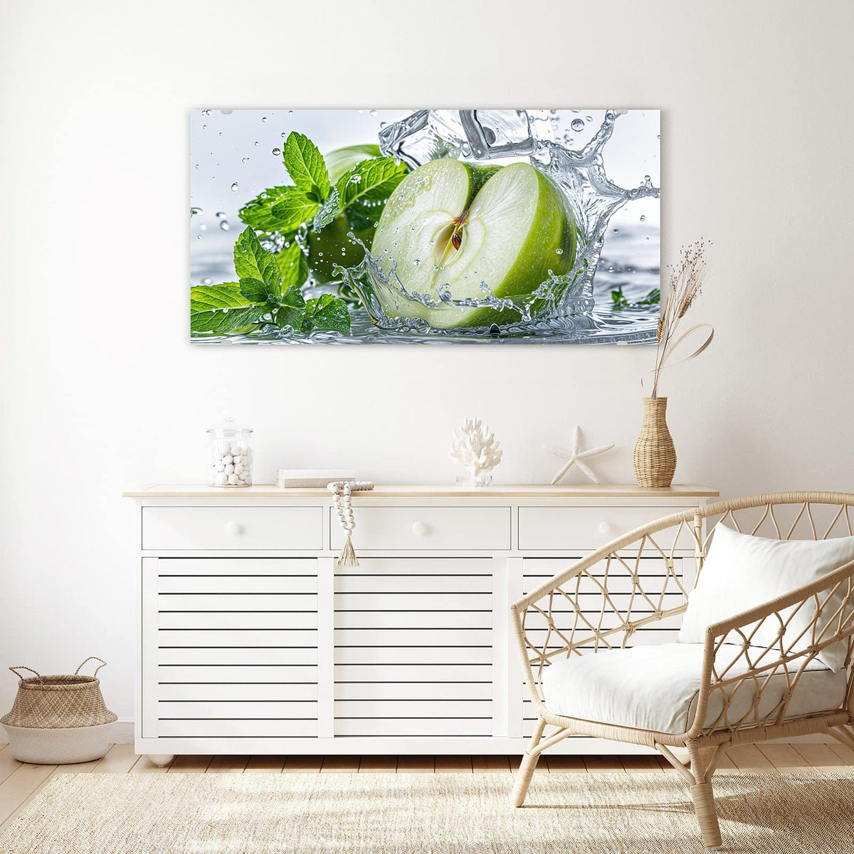 Echtglas, 4 mm – kein Acryl, keine Folie – Wandbild - Grüner Apfel mit Minze - Querformat
