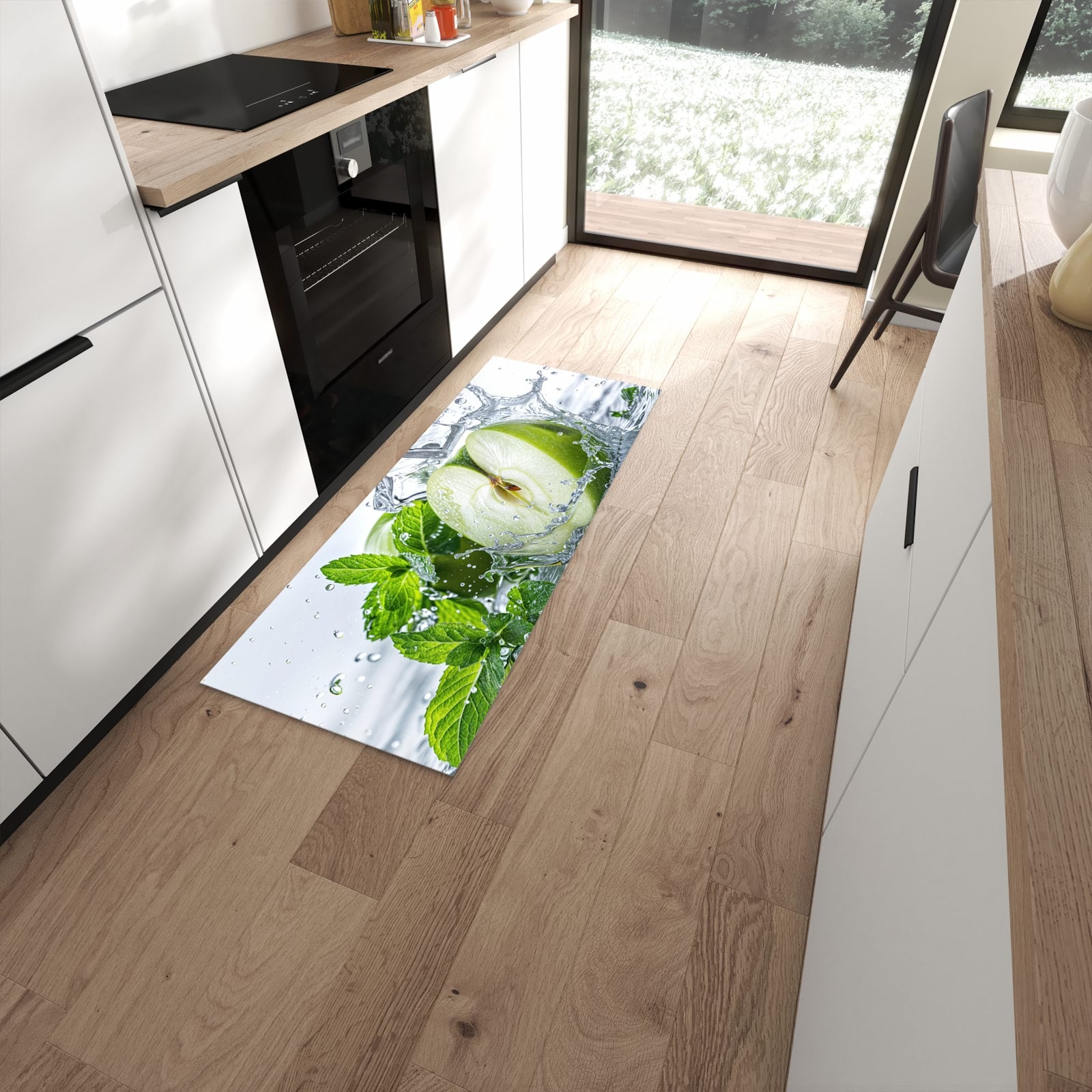 Fleckenresistenter Küchenteppich mit Motiv Spritzender Apfel Mint in moderner Küche #grösse_60 x 150 cm