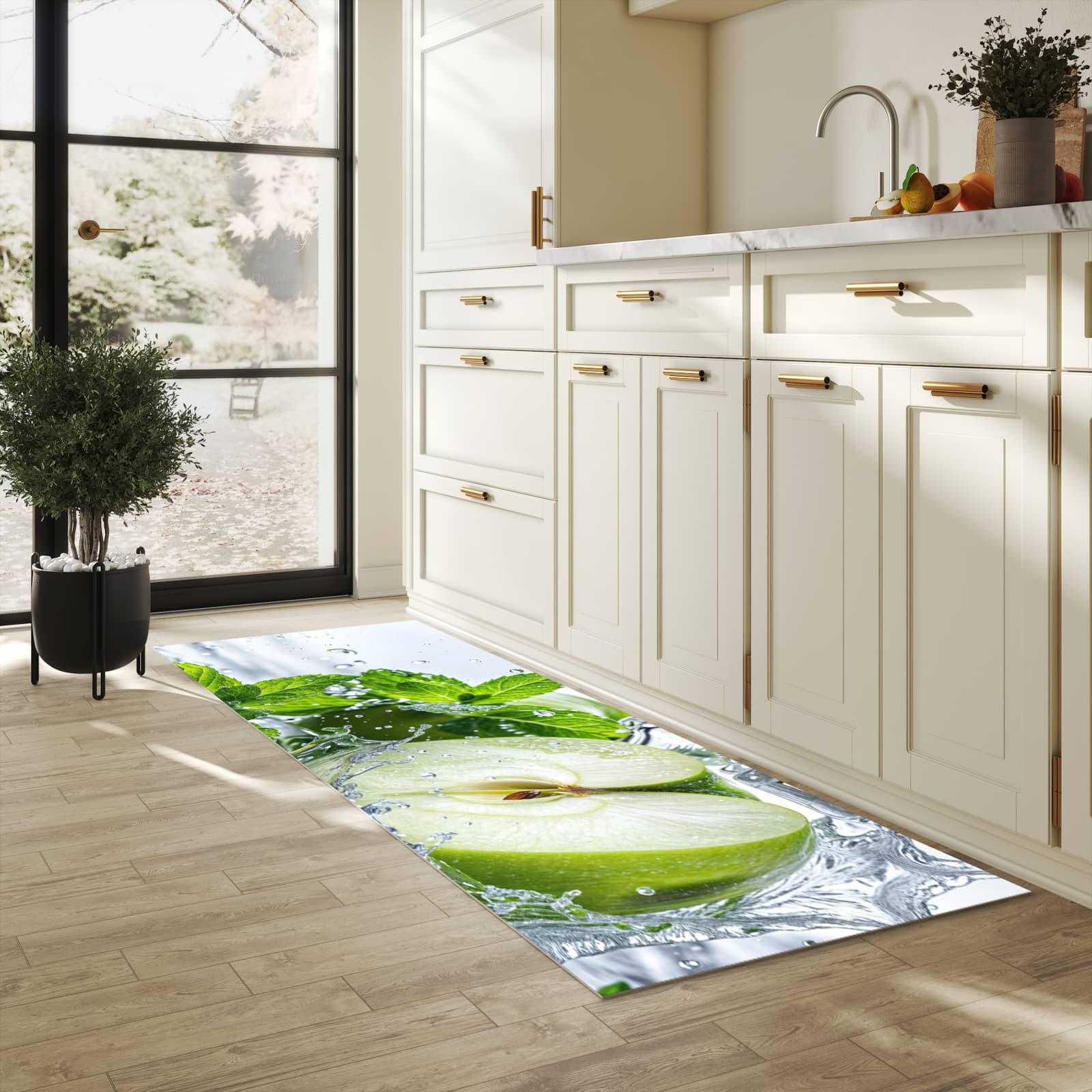 Küchenteppich mit Motiv Spritzender Apfel Mint in heller Küche für sicheres Aufbewahren