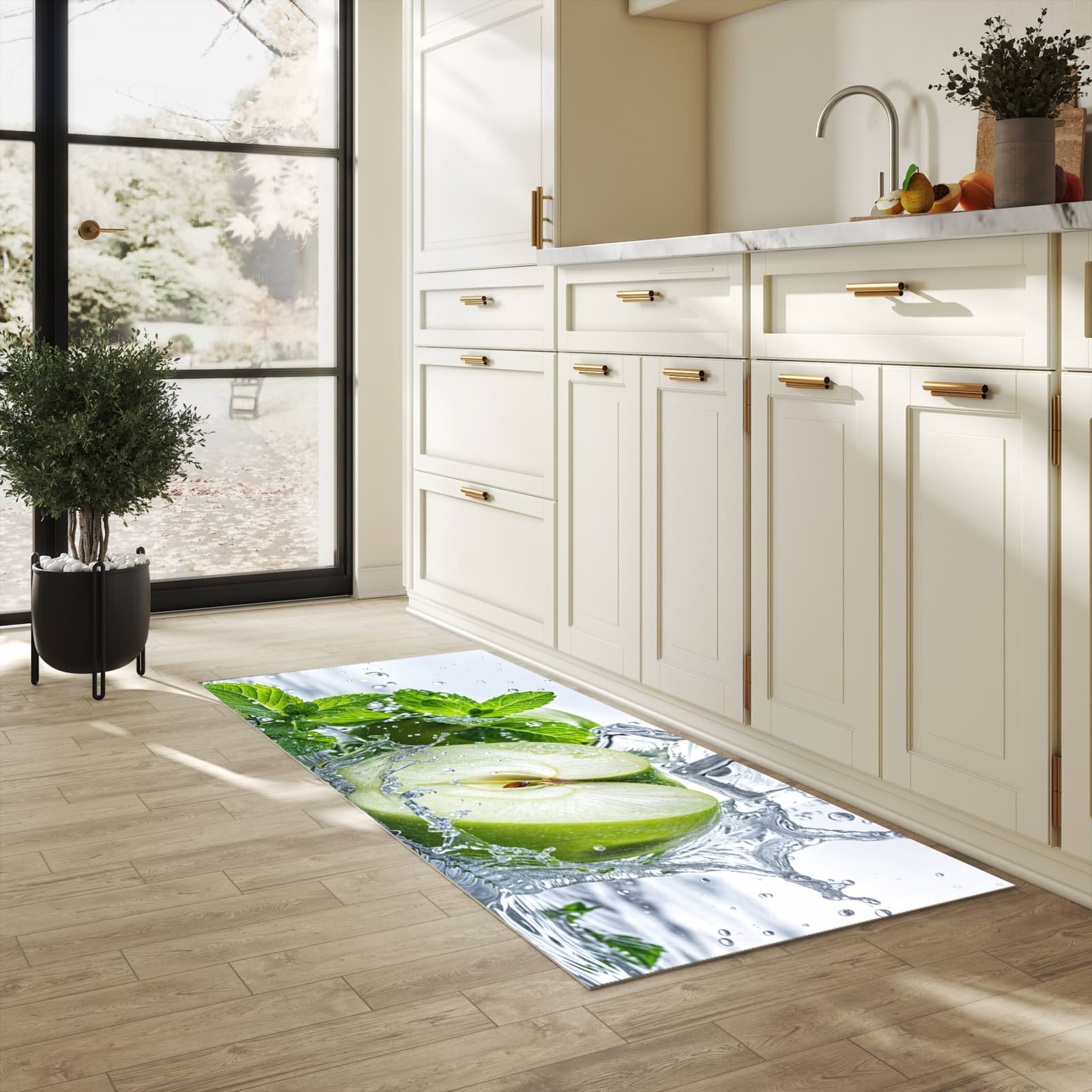 Formstabiler rutschfester Küchenteppich mit Motiv Spritzender Apfel Mint in heller Küche