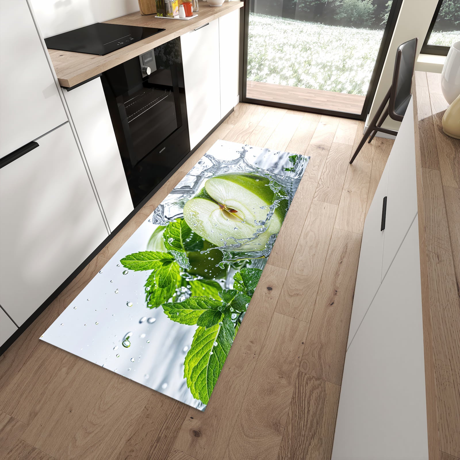 Komfortabler Küchenteppich mit Motiv Spritzender Apfel Mint in moderner Küche