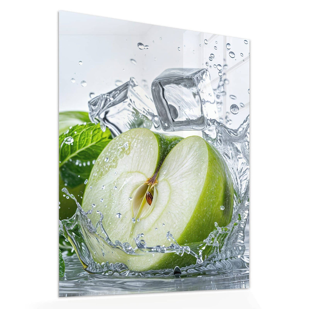 Echtglas, 4 mm – kein Acryl, keine Folie – Wandbild - Grüner Apfel mit Minze - Hochformat