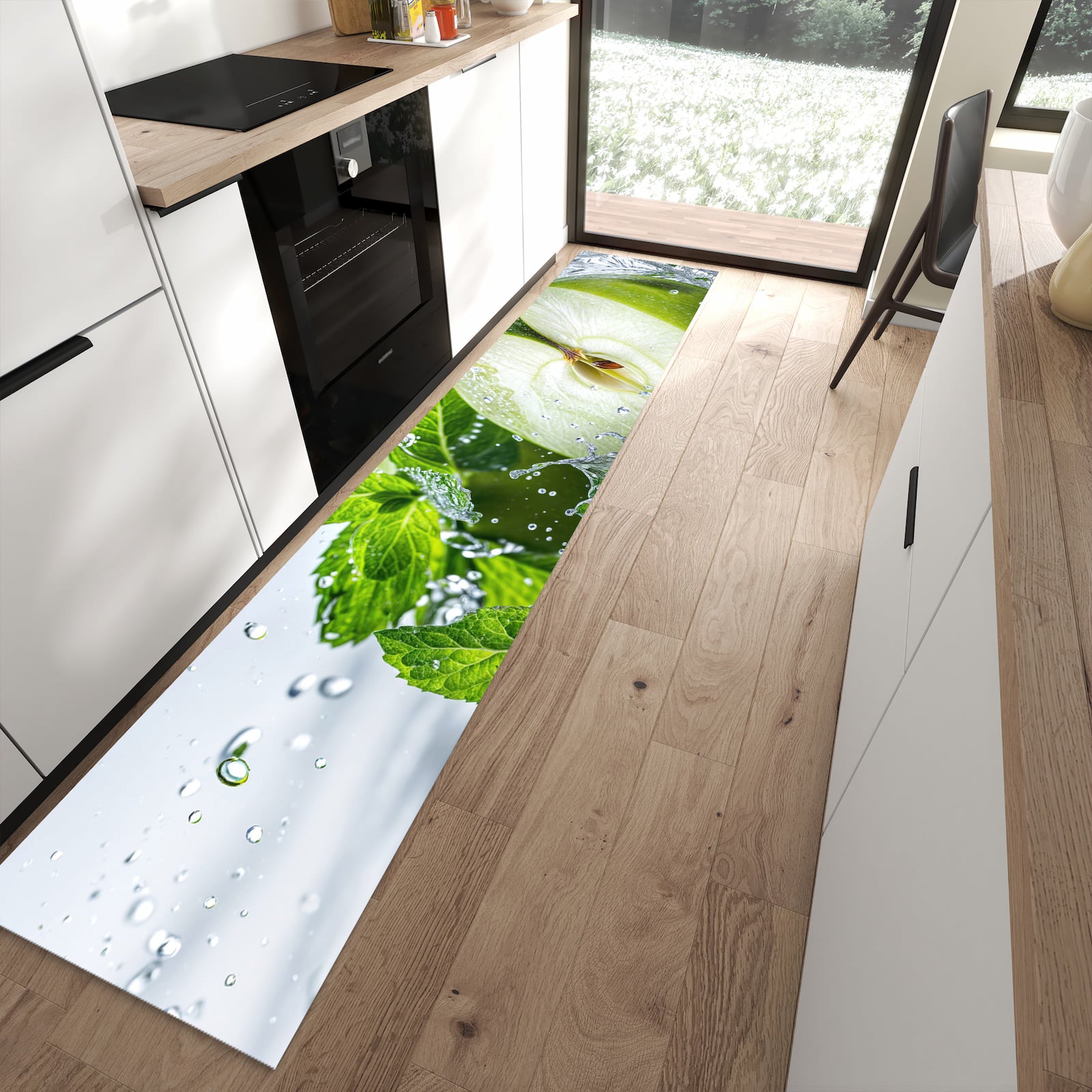 Flacher Küchenteppich mit Motiv Spritzender Apfel Mint in moderner Küche