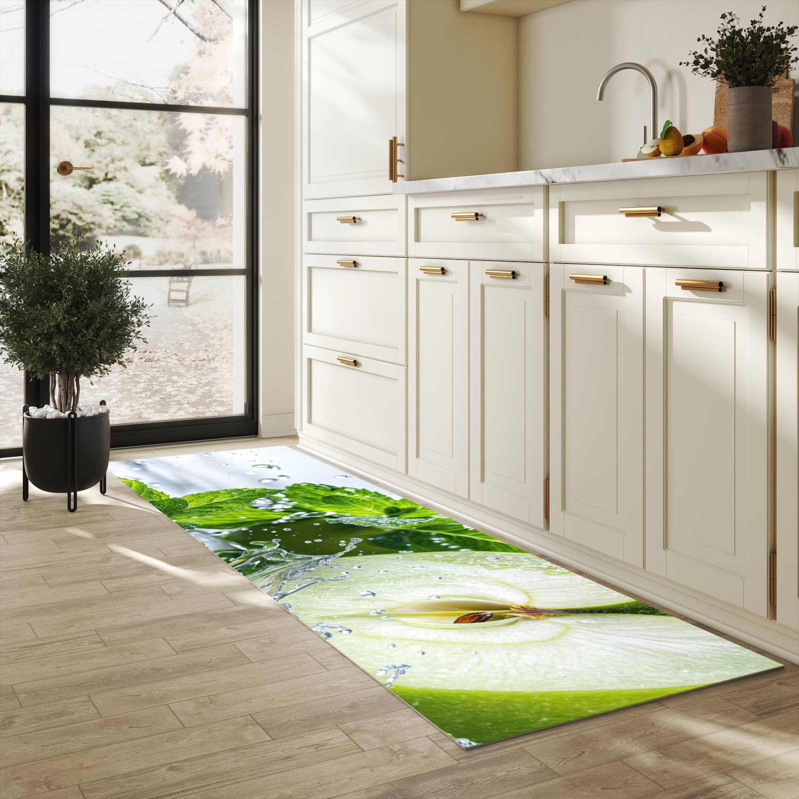 Zeitsparender Küchenteppich mit Motiv Spritzender Apfel Mint in heller Küche - leicht waschbar