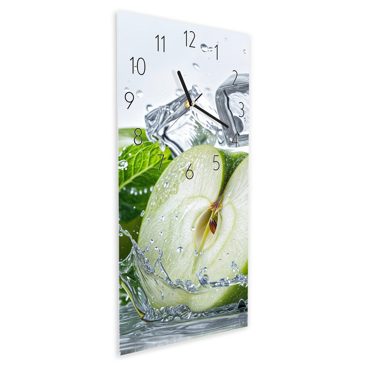 Wanduhr aus Glas im Hochformat Grüner Apfel mit Minze schräg von der Seite, 4 mm starkes Glas
