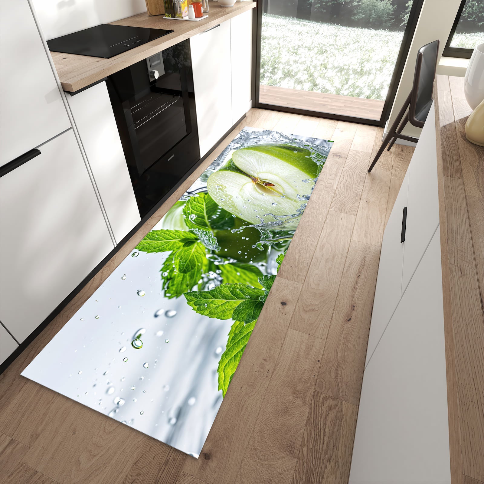Rutschfester Küchenläufer mit Motiv Spritzender Apfel Mint in moderner Küche