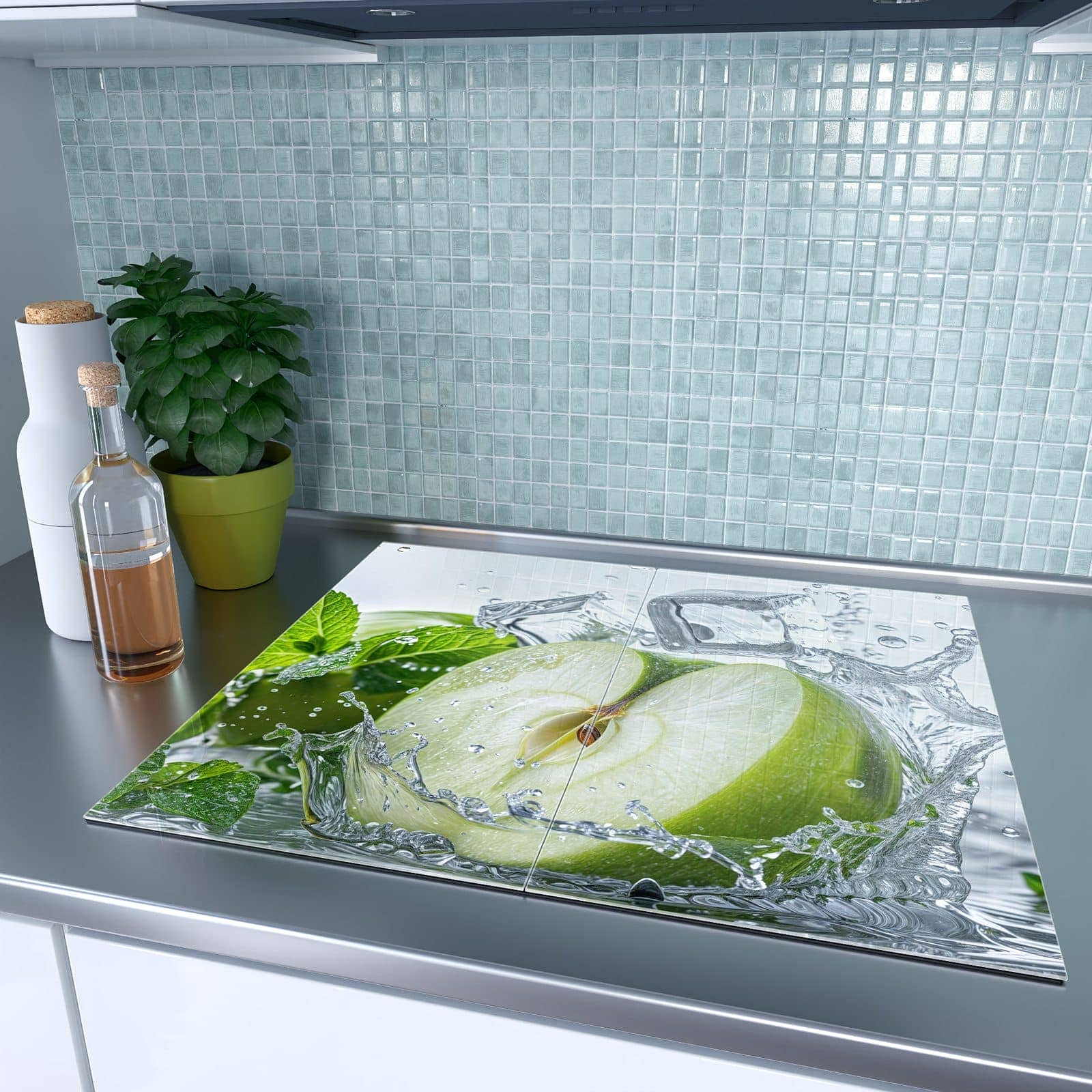 2-teilige Ceranfeld Abdeckungen mit Spritzender Apfel Mint-Motiv auf dem Ceranfeld