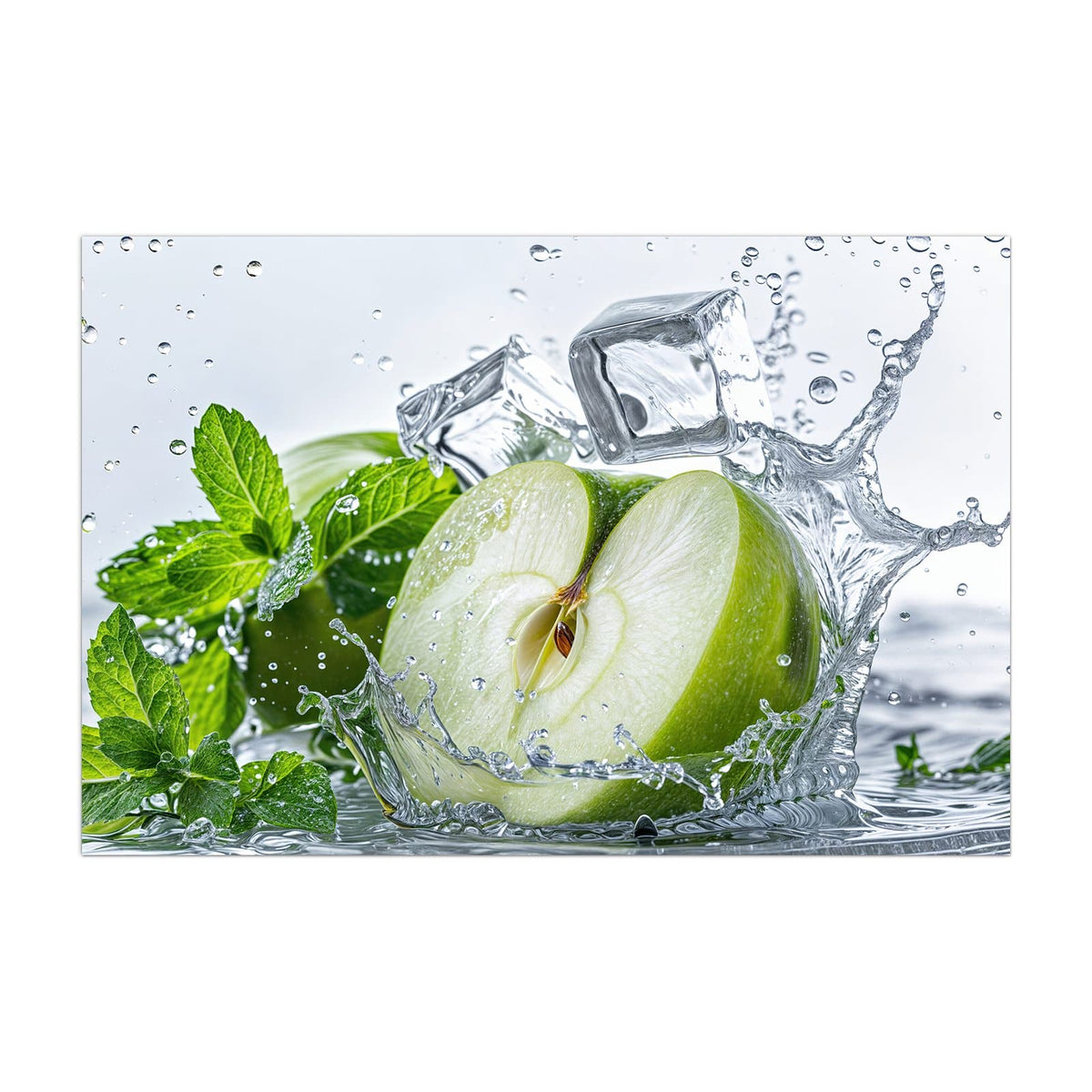 Küchenrückwand aus Glas Grüner Apfel mit Minze im Hochformat, Motiv bildfüllend von vorn