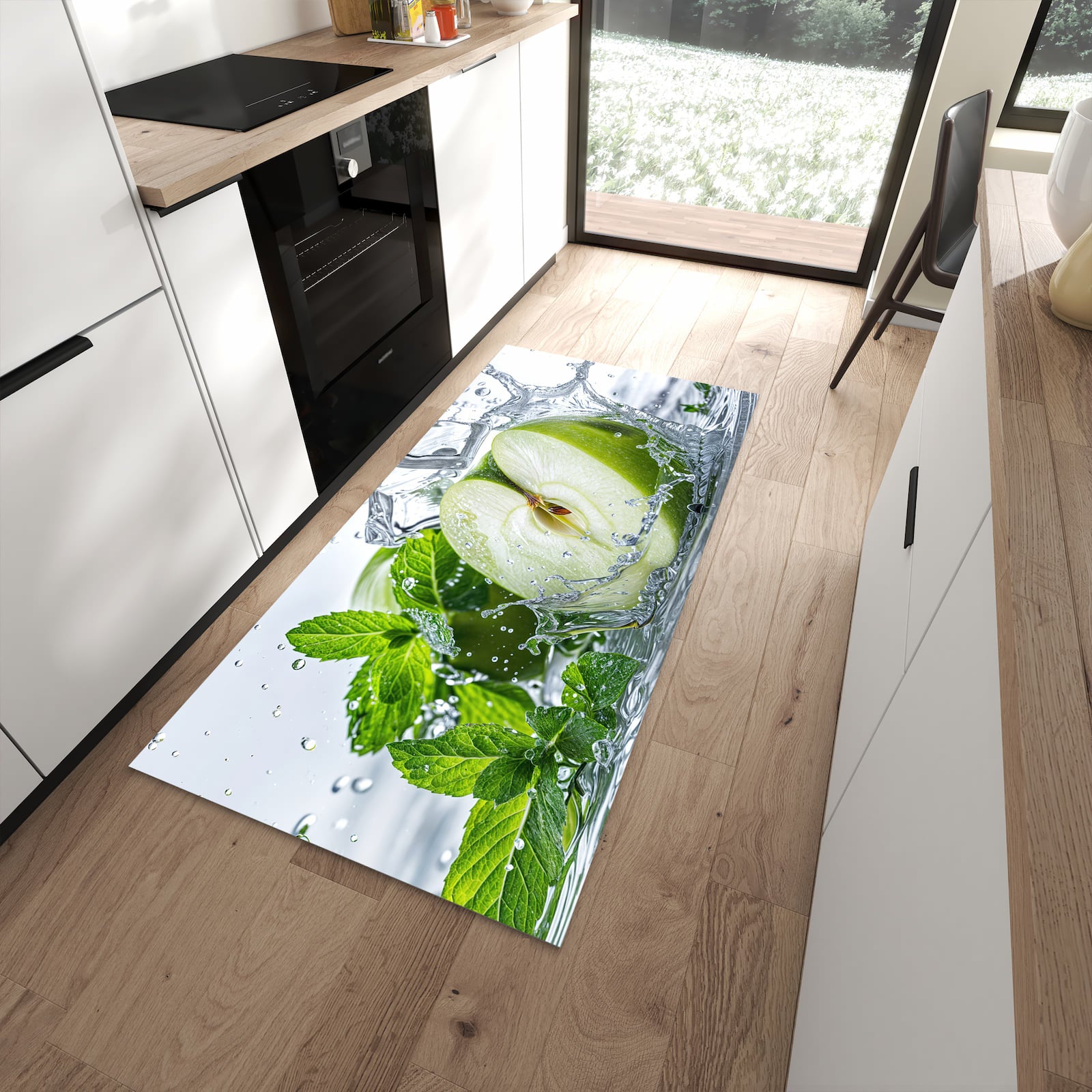 Hygienischer Küchenteppich mit Motiv Spritzender Apfel Mint in moderner Küche