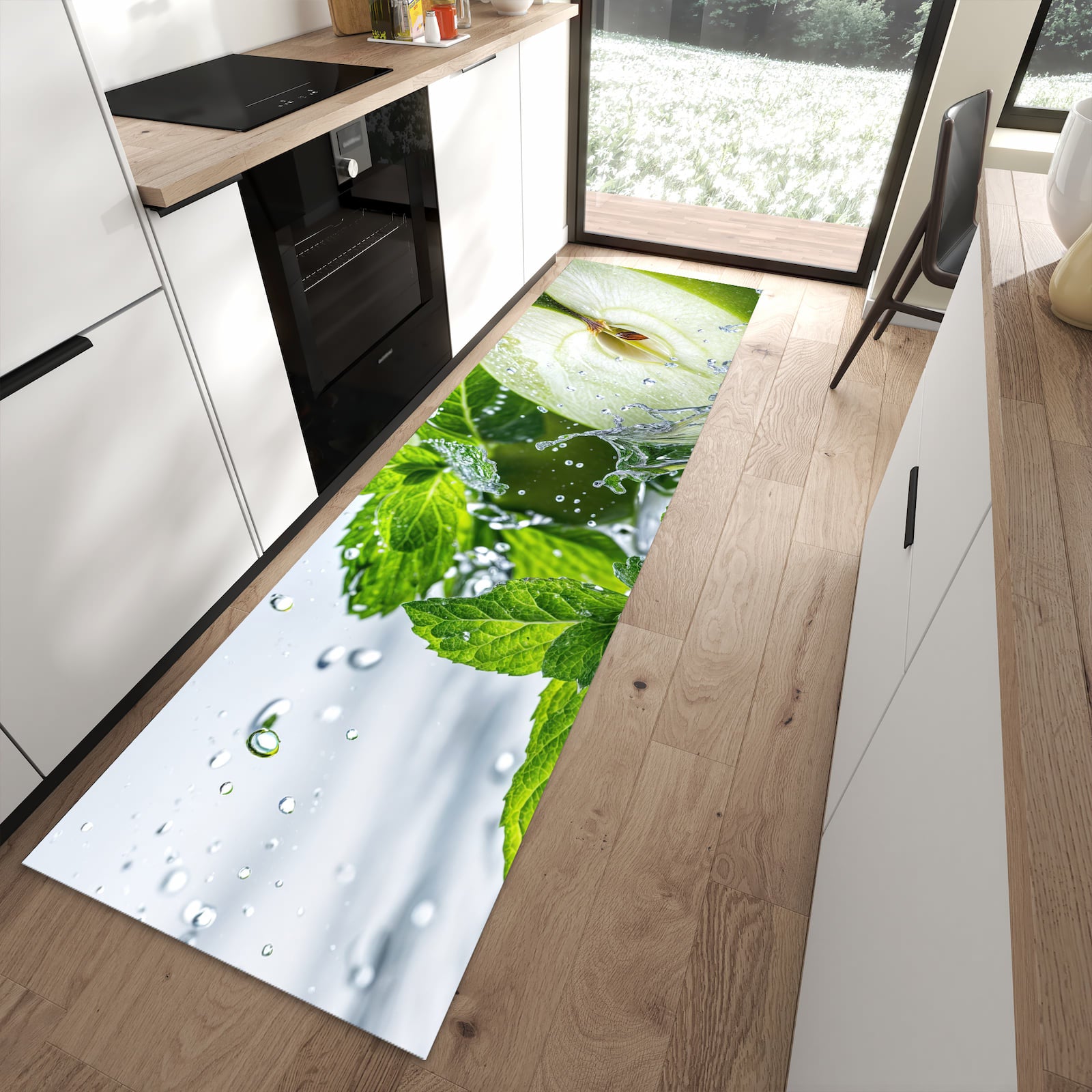 Pflegeleichter Küchenläufer mit Motiv Spritzender Apfel Mint in moderner Küche