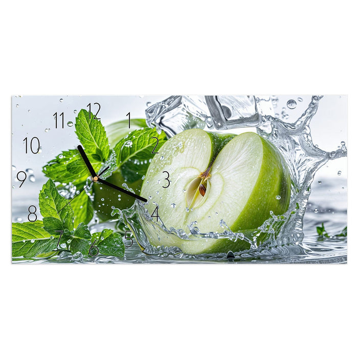 Wanduhr Spritzender Apfel Mint aus Glas – Querformat 60 × 30 cm mit Ziffernblatt Elegant