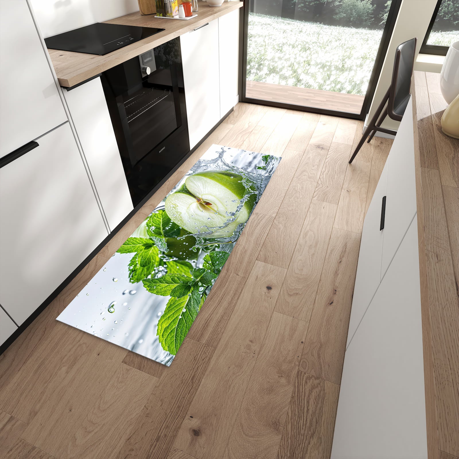Schmutzabweisender Küchenteppich mit Motiv Spritzender Apfel Mint in moderner Küche