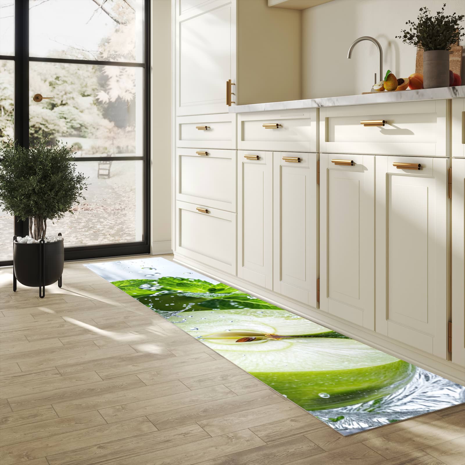 Bodenschonender waschbarer Küchenteppich mit Motiv Spritzender Apfel Mint in heller Küche