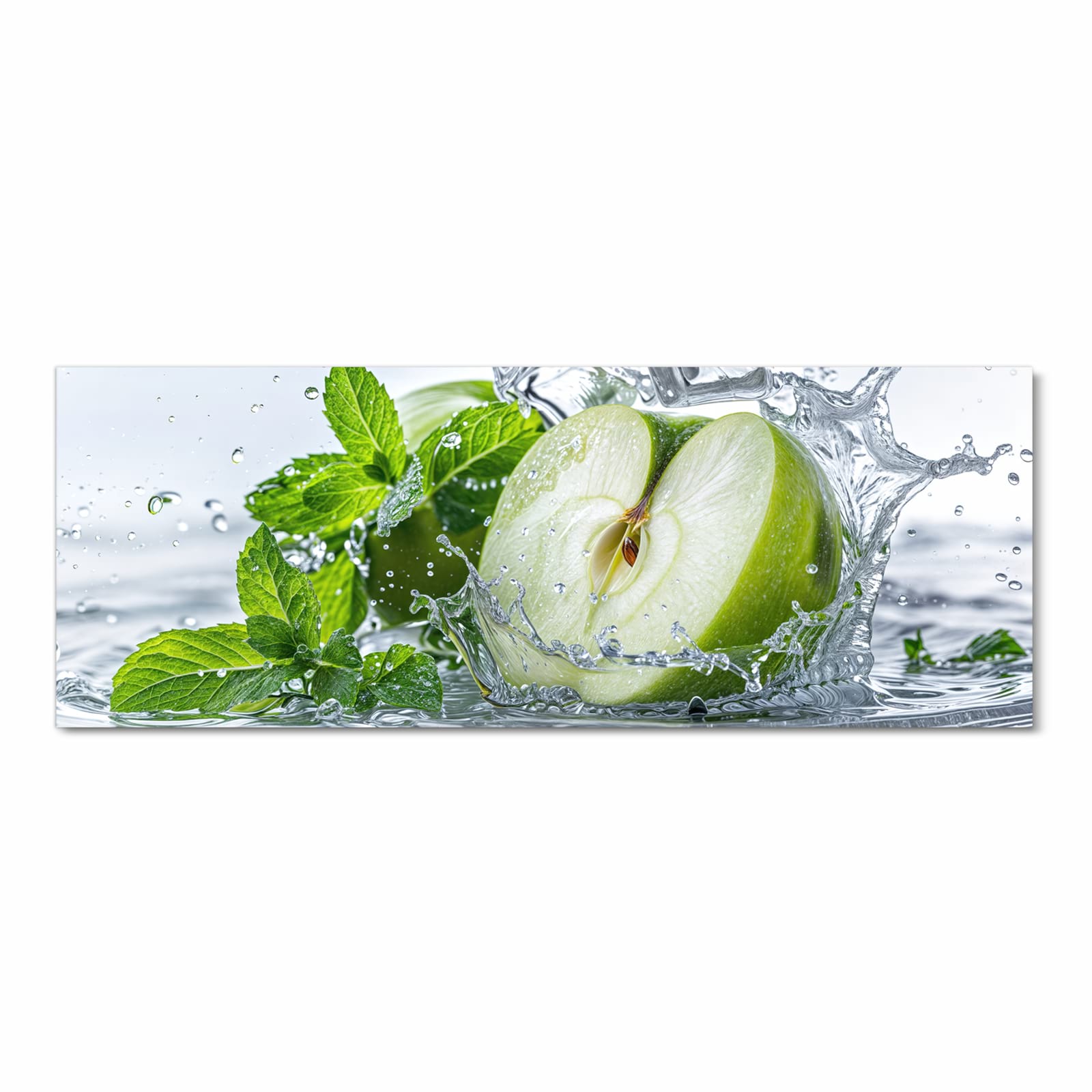 Komfortabler Küchenteppich mit Motiv Spritzender Apfel Mint in Frontansicht für angenehmes Stehen