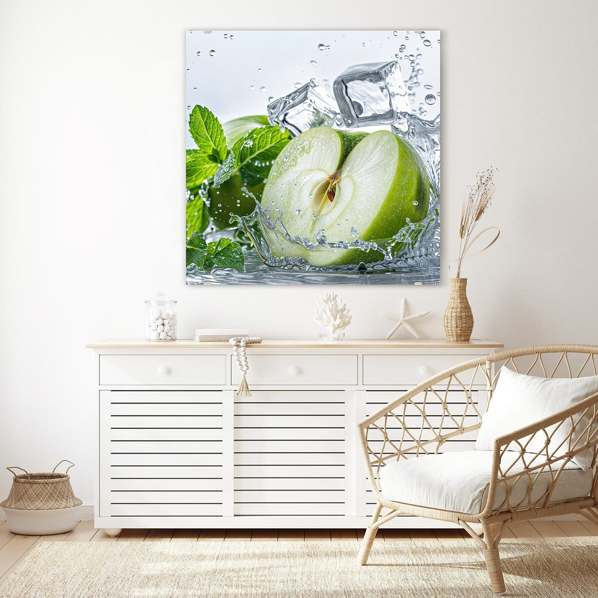 Echtglas, 4 mm – kein Acryl, keine Folie – Wandbild - Grüner Apfel mit Minze - Quadratisch