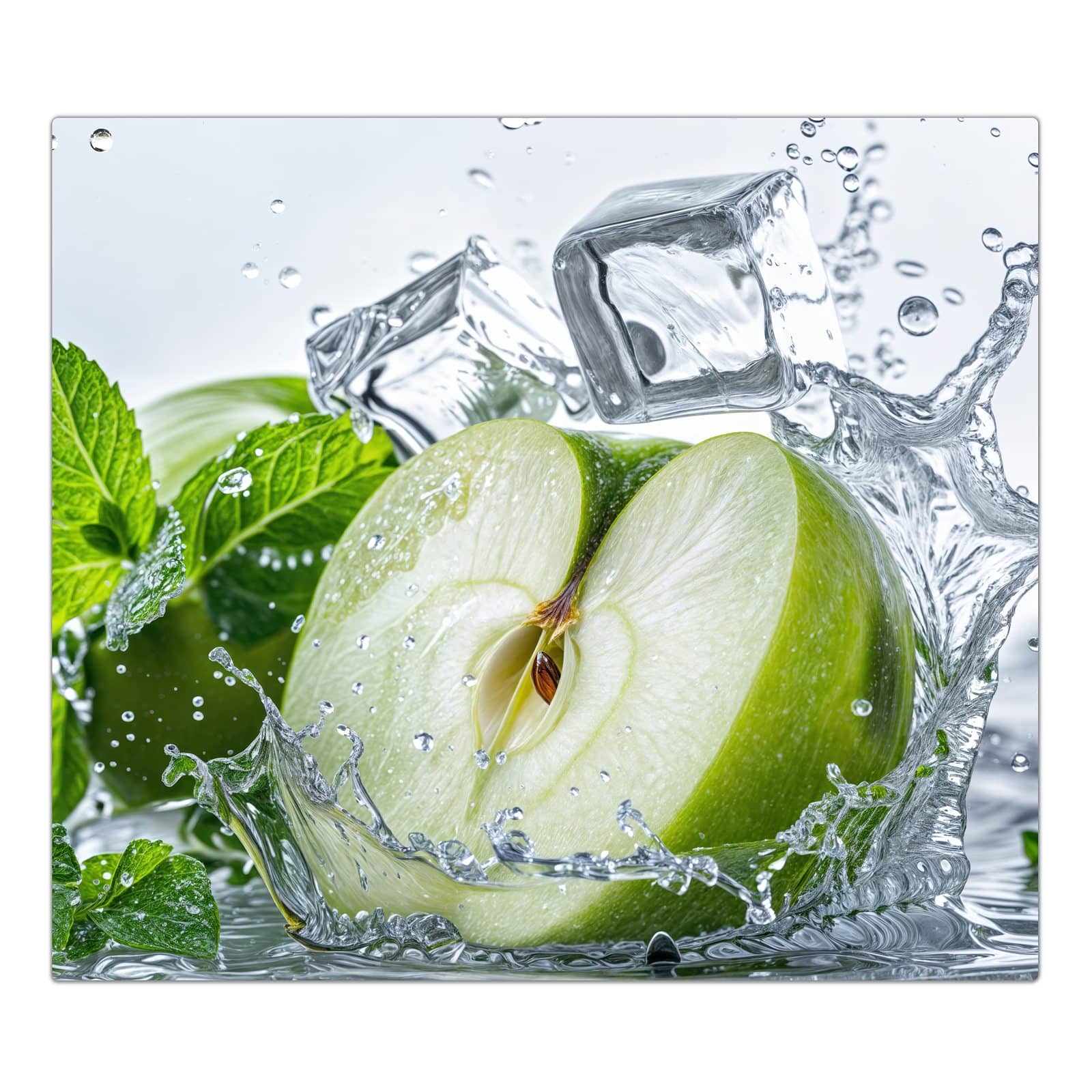 1-teilige Ceranfeld Abdeckplatten mit Spritzender Apfel Mint-Motiv in der Frontansicht #grösse_1-Teilig (60x52cm)