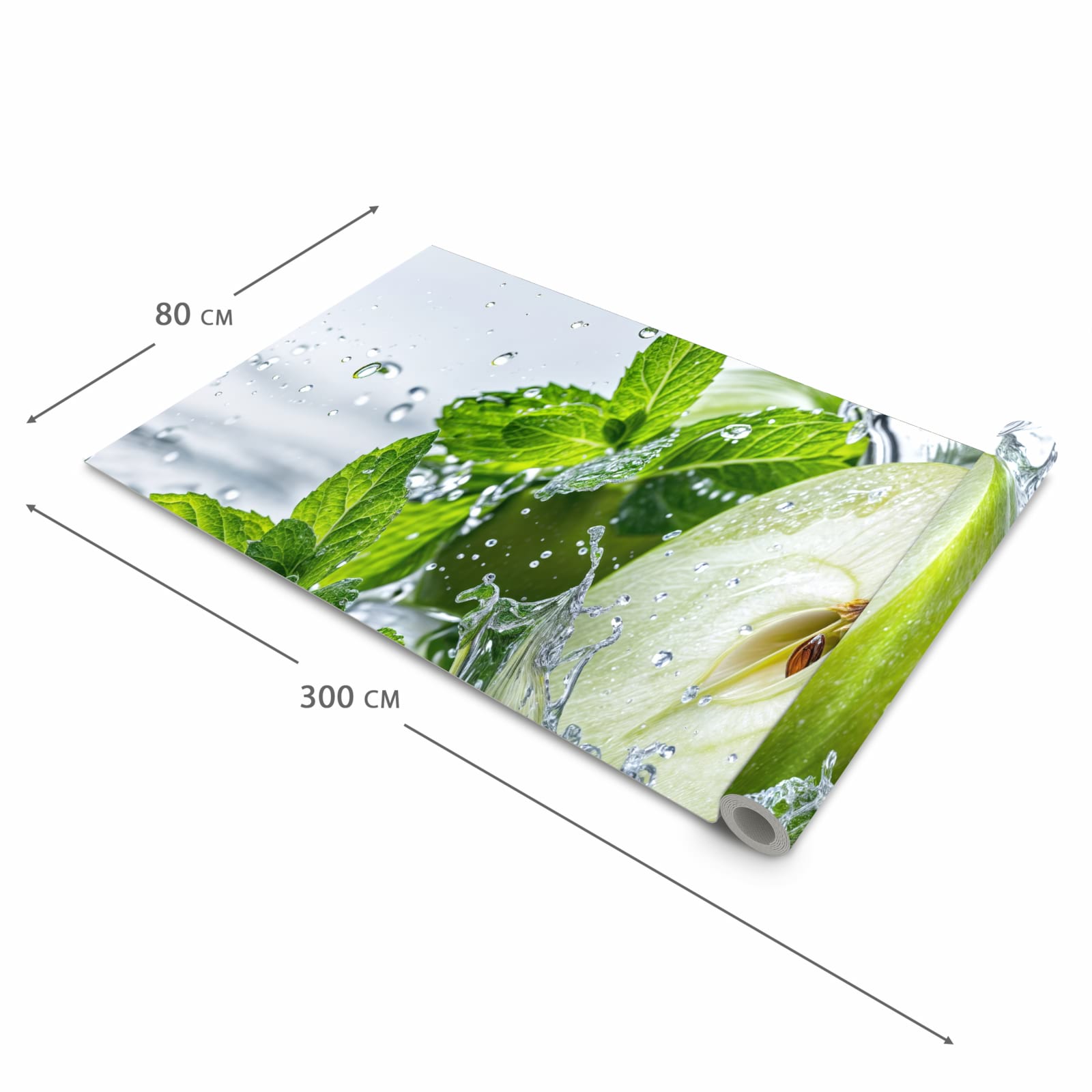 Fleckenresistenter rutschfester Küchenläufer mit Motiv Spritzender Apfel Mint in der Größe 90x180 cm