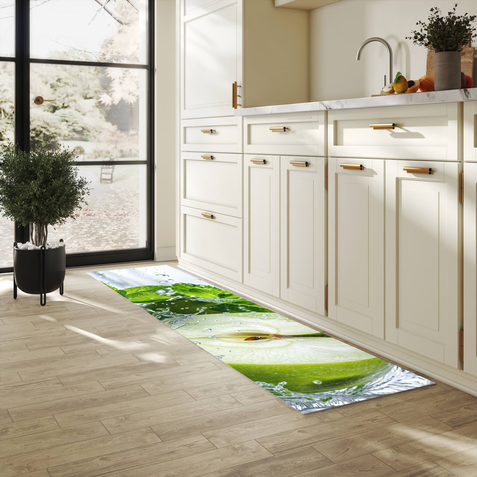 Küchenteppich mit Motiv Spritzender Apfel Mint für Ordnung & Übersicht in heller Küche