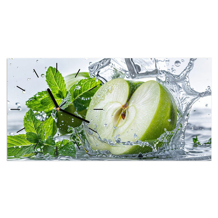 Wanduhr Spritzender Apfel Mint aus Glas – Querformat 60 × 30 cm mit Ziffernblatt Linie