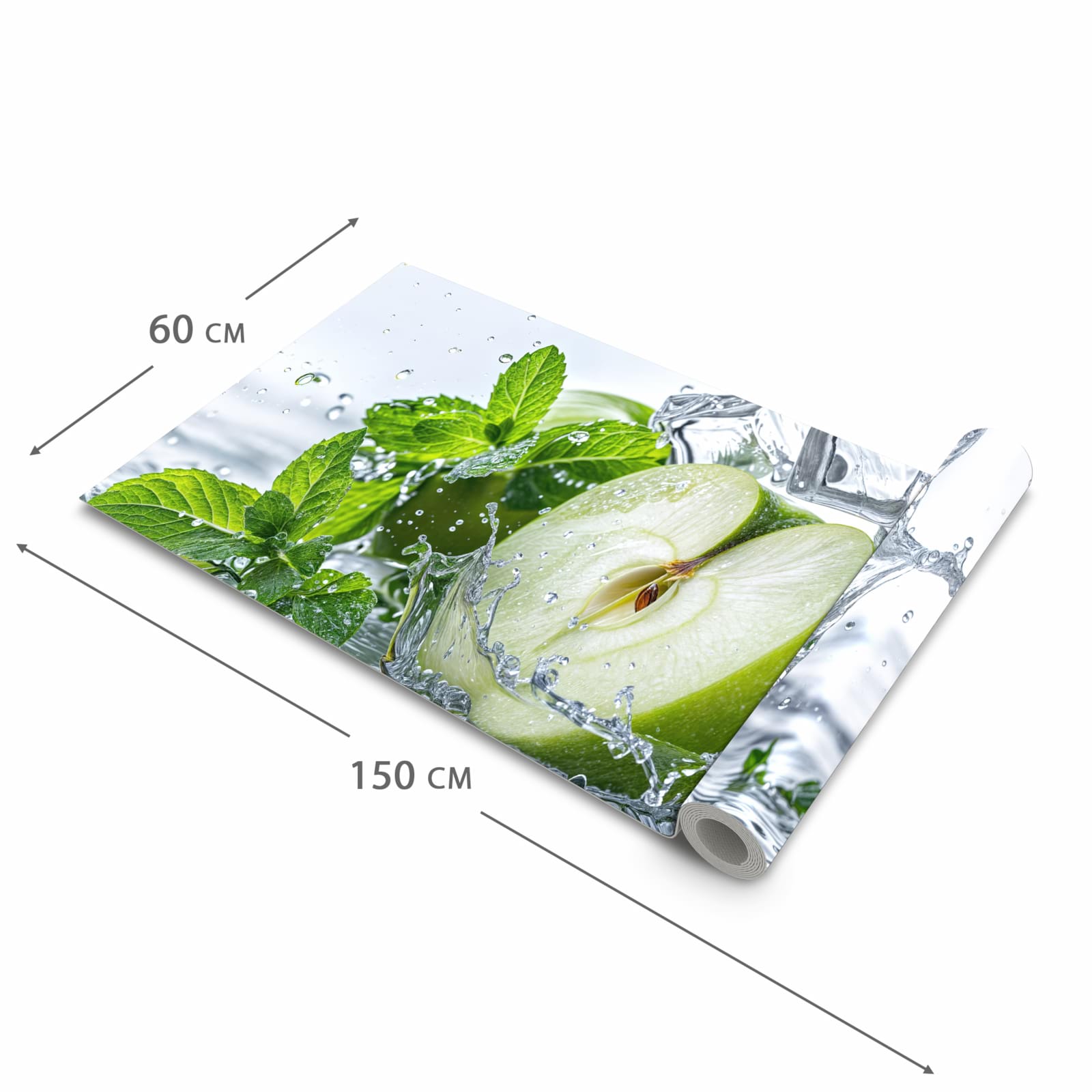 Farbbeständiger waschbarer Küchenteppich mit Motiv Spritzender Apfel Mint in der Grösse 80x300 cm