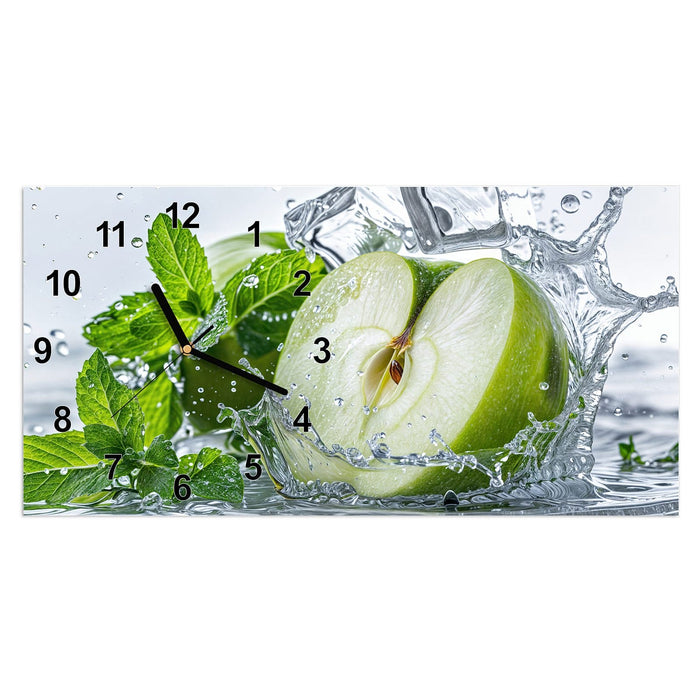 Wanduhr Spritzender Apfel Mint aus Glas – Querformat 60 × 30 cm mit Ziffernblatt Modern