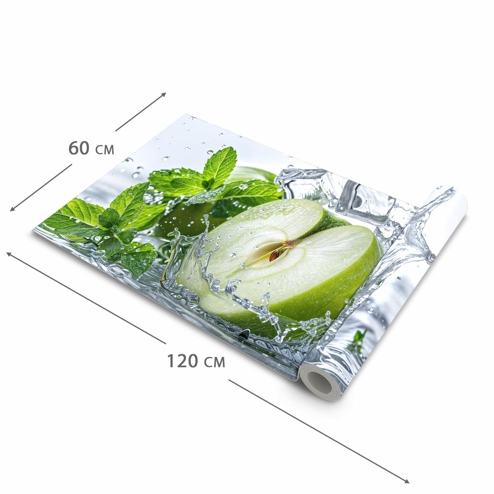 Bodenschonender waschbarer Küchenteppich mit Motiv Spritzender Apfel Mint in der Grösse 80x300 cm