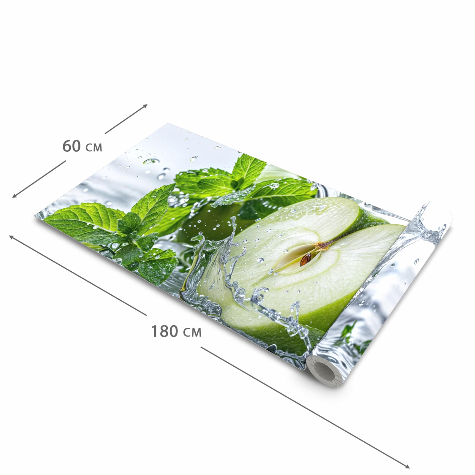Formstabiler großer Küchenteppich mit Motiv Spritzender Apfel Mint in der Größe 80x300 cm