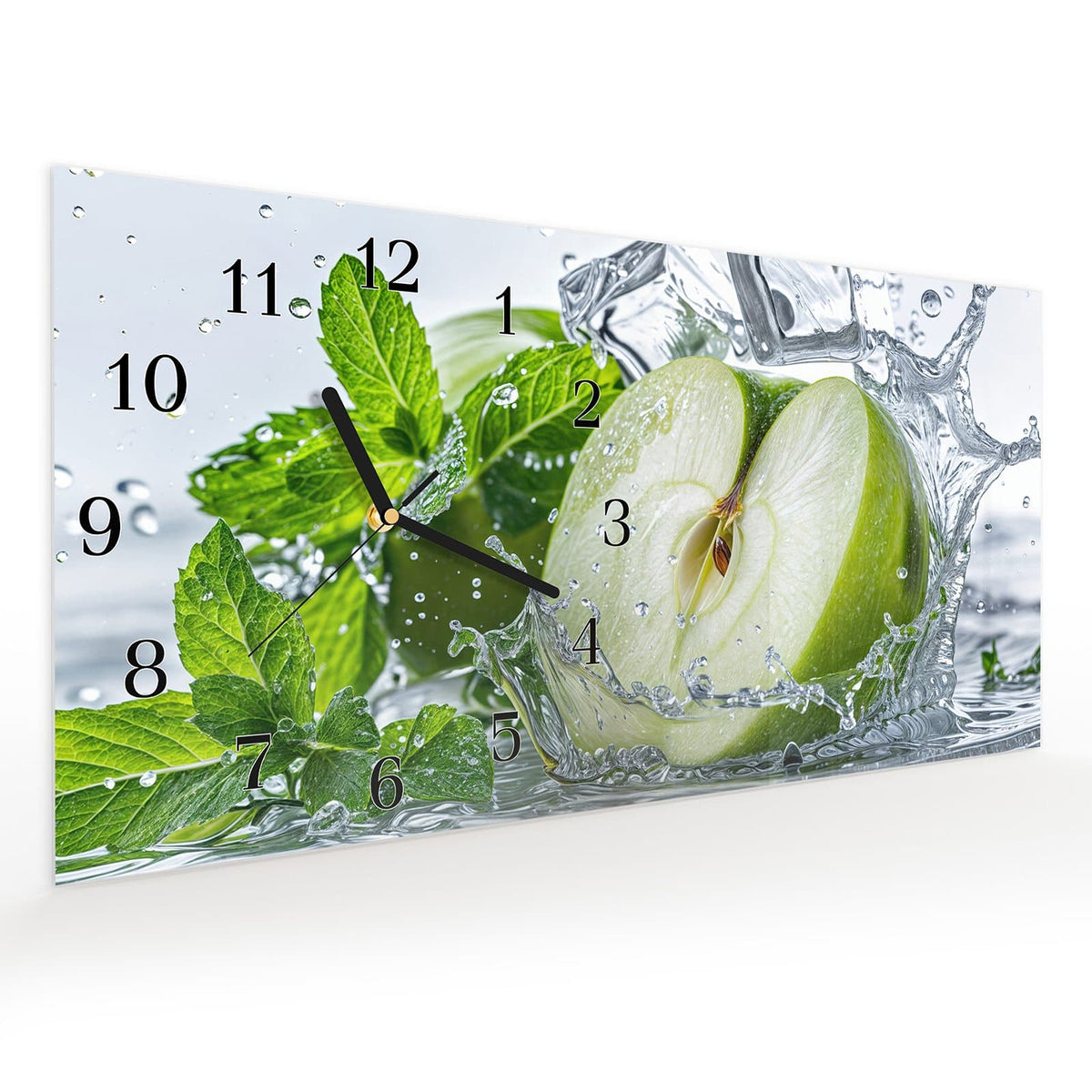 Vormontiert – mit Schwebeeffekt – Wanduhr Spritzender Apfel Mint aus Glas – Querformat 60 × 30 cm