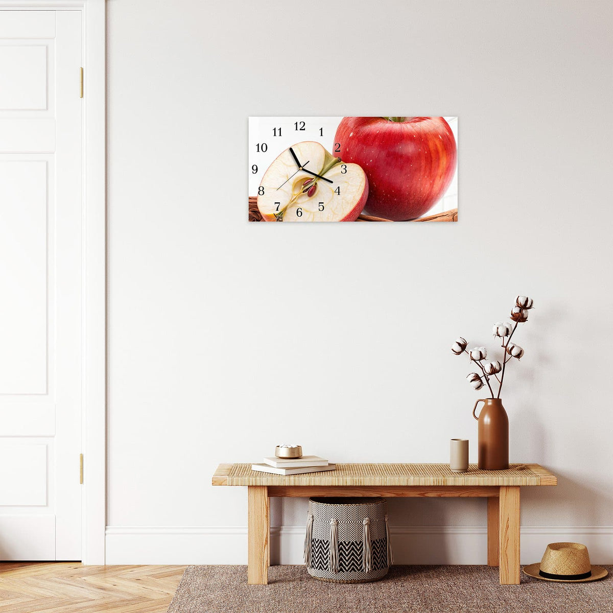 Moderne Wanduhr aus Glas mit Farbtiefe – Wanduhr Apfel mit Zimt aus Glas – Querformat 60 × 30 cm