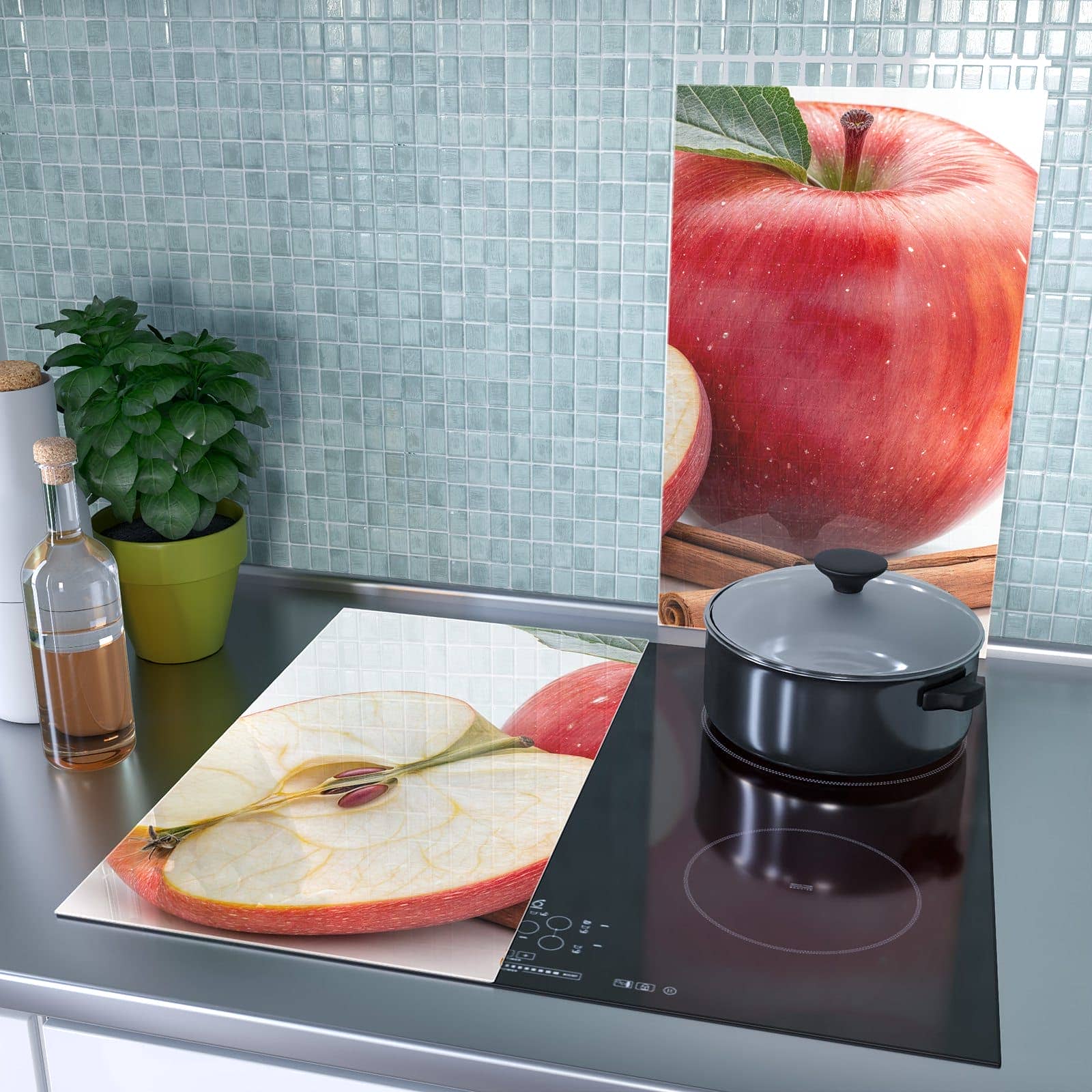 2-teilige Herdabdeckplatten für Ceranfeld mit Apfel mit Zimt-Motiv als Spritzschutz hinter dem Kochfeld