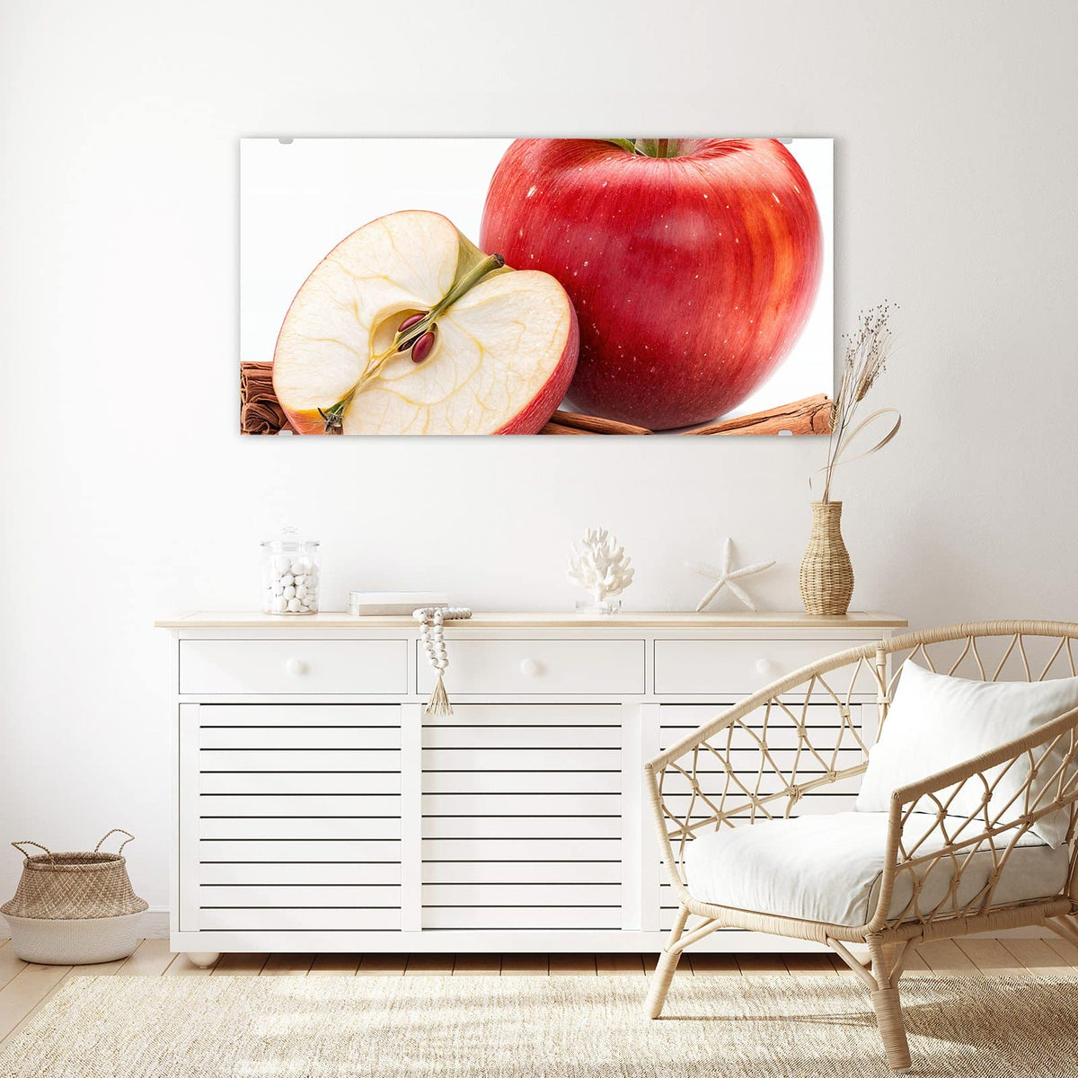 Echtglas, 4 mm – kein Acryl, keine Folie – Wandbild - Apfelhälfte mit Zimt - Querformat