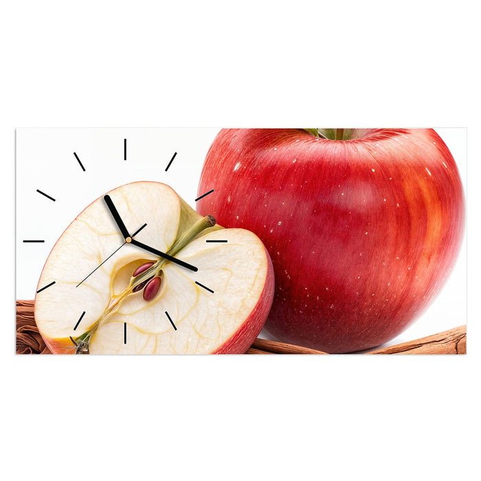 Wanduhr Apfel mit Zimt aus Glas – Querformat 60 × 30 cm mit Ziffernblatt Linie