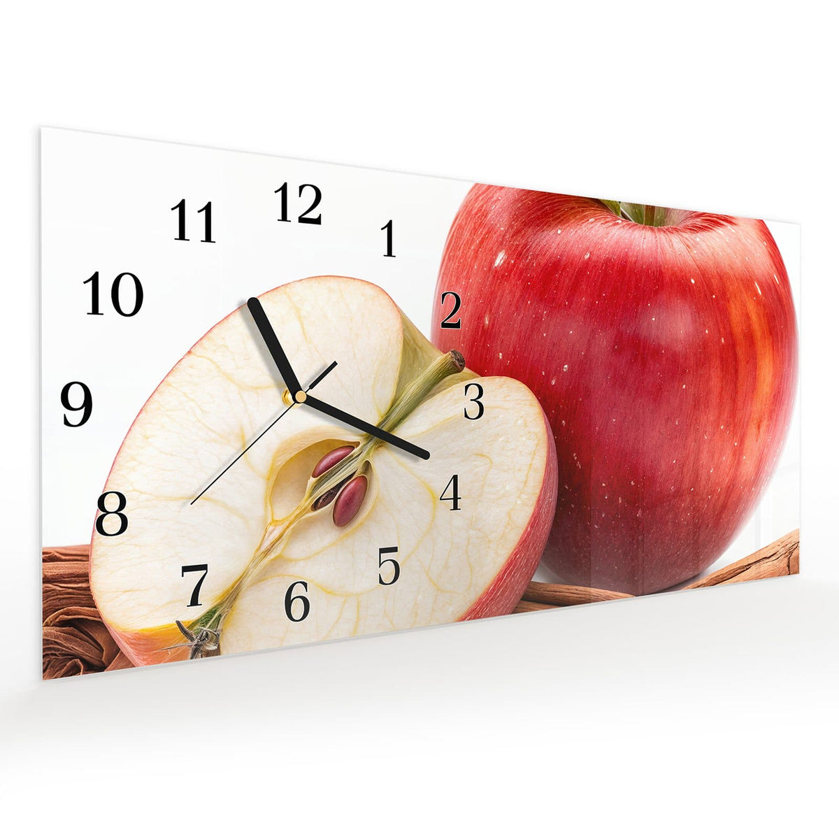 Vormontiert – mit Schwebeeffekt – Wanduhr Apfel mit Zimt aus Glas – Querformat 60 × 30 cm