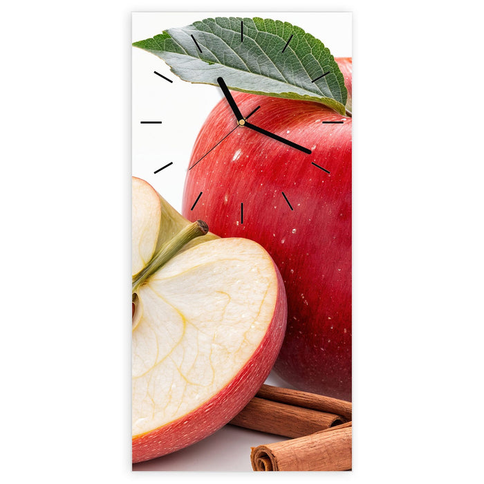 Wanduhr Apfel mit Zimt aus Glas – Hochformat 30 × 60 cm mit Ziffernblatt Linie