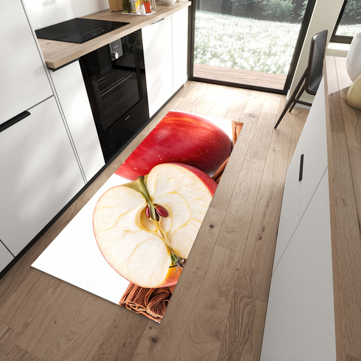 Sicherer Küchenläufer mit Motiv Apfel mit Zimt in moderner Küche