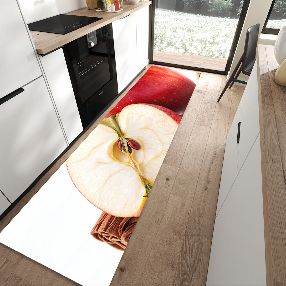 Abriebfester moderner Küchenläufer mit Motiv Apfel mit Zimt in moderner Küche