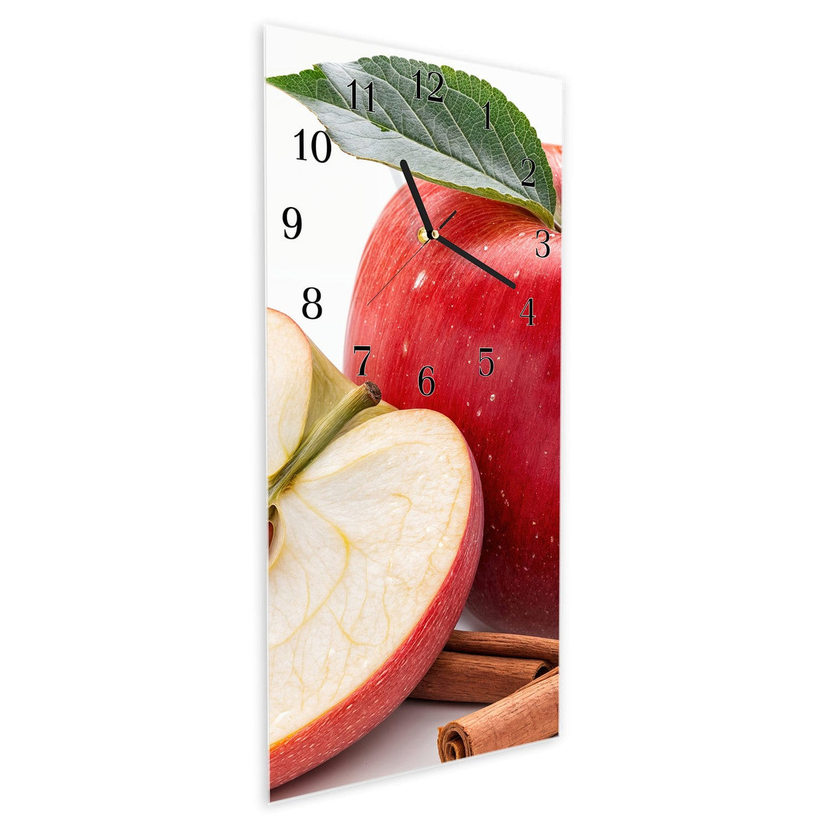 Vormontiert – mit Schwebeeffekt – Wanduhr Apfel mit Zimt aus Glas – Hochformat 30 × 60 cm