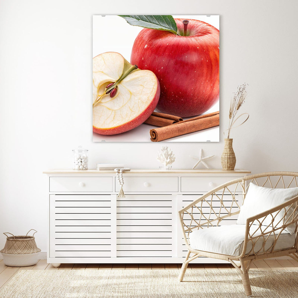 Echtglas, 4 mm – kein Acryl, keine Folie – Wandbild - Apfelhälfte mit Zimt - Quadratisch