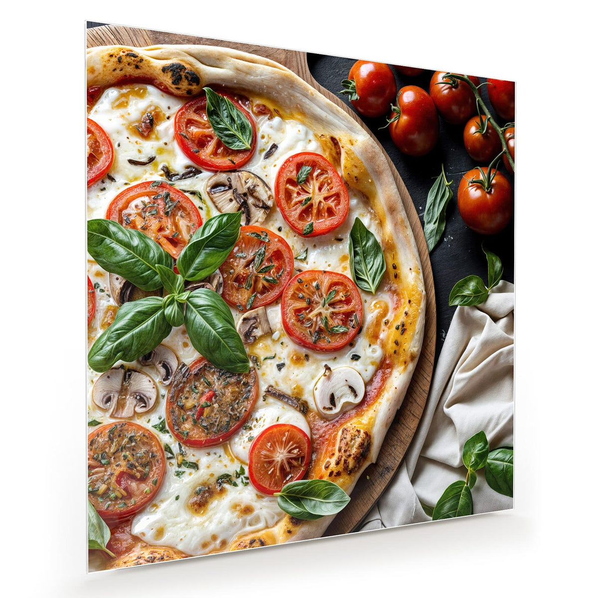 Pizza mit Tomatenscheiben, Mozzarella, Champignons und Basilikum auf Holzbrett