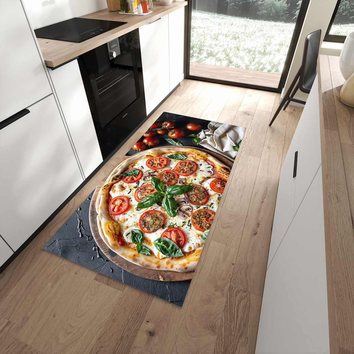 Waschbarer Küchenteppich mit Motiv Pizza mit Tomaten in moderner Küche