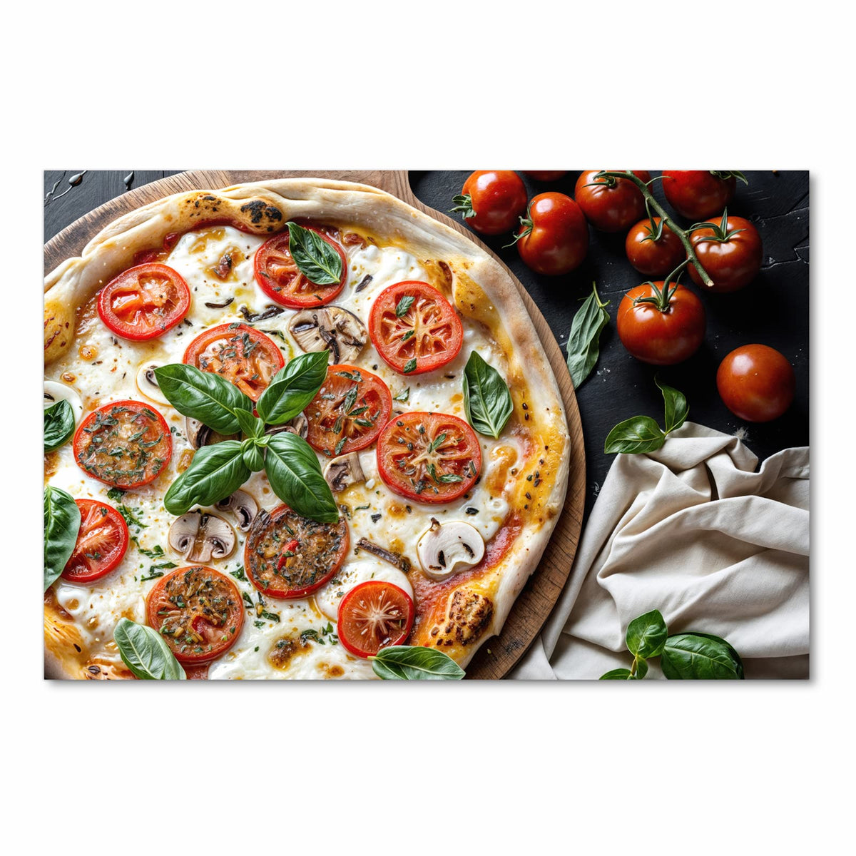 Fleckenresistenter rutschfester Küchenteppich mit Motiv Pizza mit Tomaten in Frontansicht