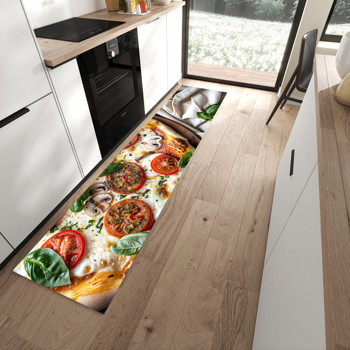 Pflegeleichter Küchenteppich mit Motiv Pizza mit Tomaten in moderner Küche