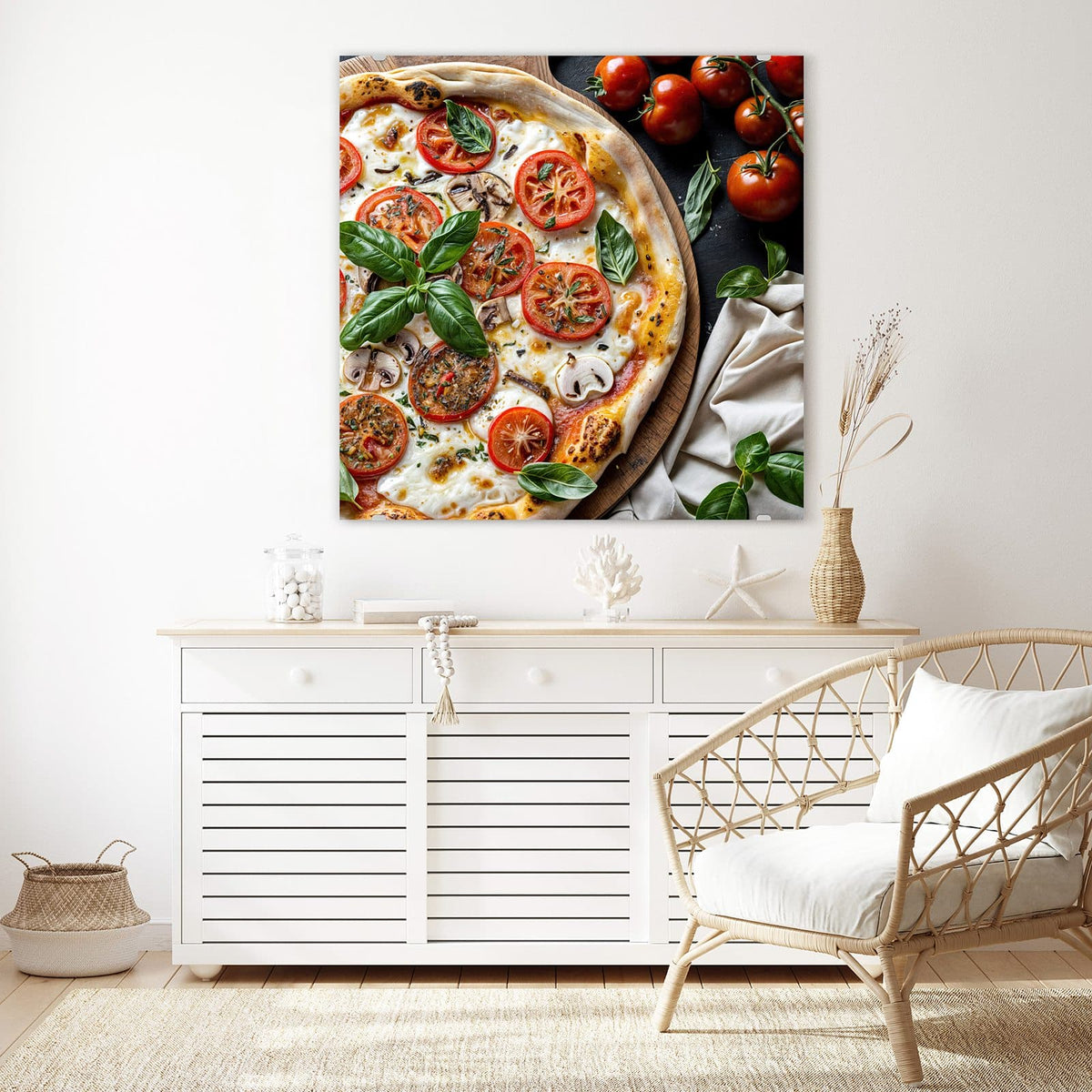 Echtglas, 4 mm – kein Acryl, keine Folie – Wandbild - Pizza mit Tomaten - Quadratisch