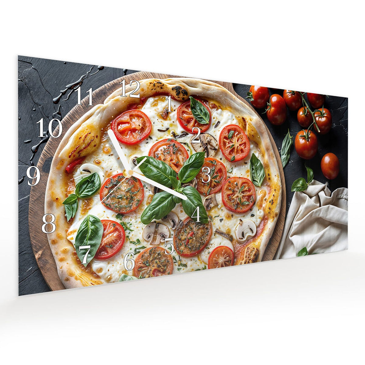 Vormontiert – mit Schwebeeffekt – Wanduhr Pizza mit Tomaten aus Glas – Querformat 60 × 30 cm