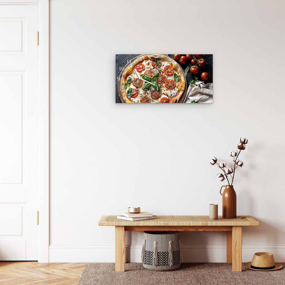 Moderne Wanduhr aus Glas mit Farbtiefe – Wanduhr Pizza mit Tomaten aus Glas – Querformat 60 × 30 cm