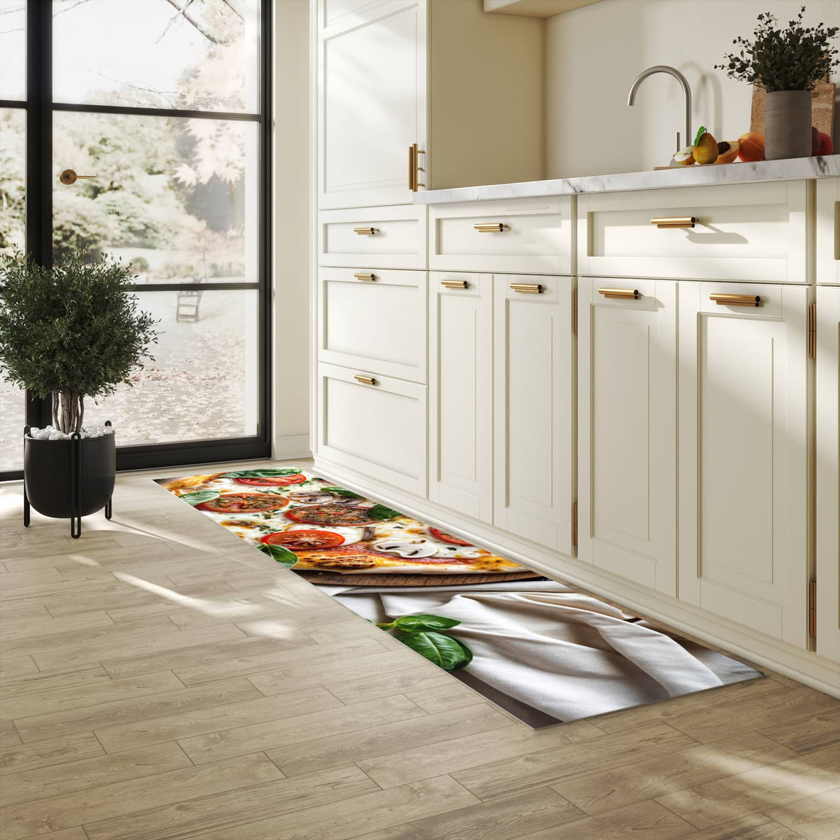 Hygienischer Küchenteppich mit Motiv Pizza mit Tomaten in heller Küche