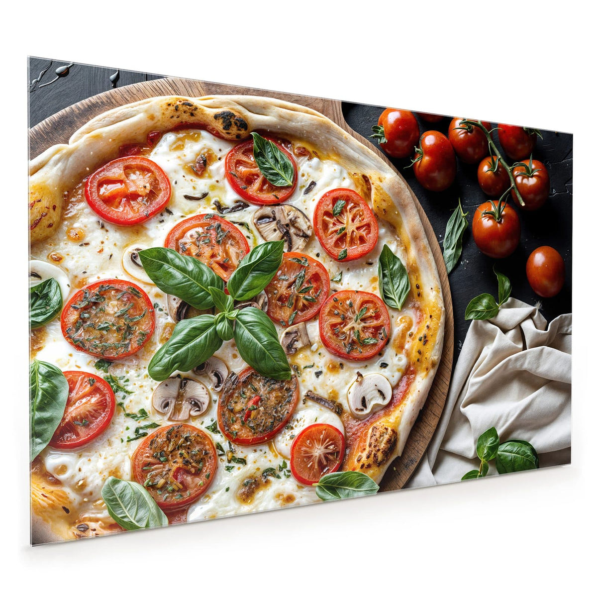 Küchenrückwand aus Glas im Hochformat: Pizza mit Tomatenscheiben, Mozzarella, Champignons und Basilikum auf Holzbrett #grösse_50 x 75 cm #grösse_40 x 60 cm #grösse_60 x 90 cm #grösse_80 x 120 cm