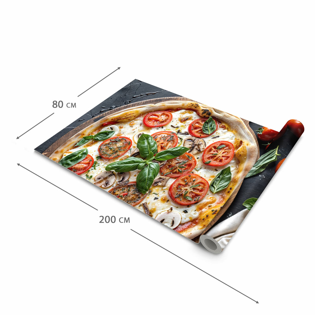Wasserabweisender Teppichläufer für die Küche mit Motiv Pizza mit Tomaten in der Grösse 80x300 cm
