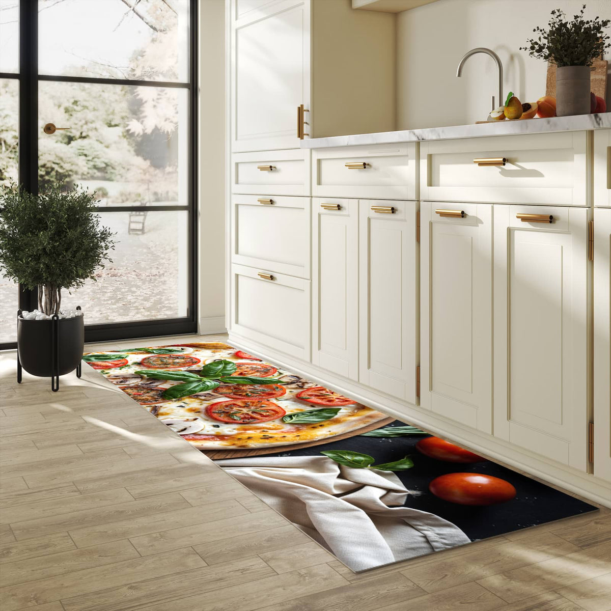 Abriebfester Läufer für die Küche mit Motiv Pizza mit Tomaten in heller Küche