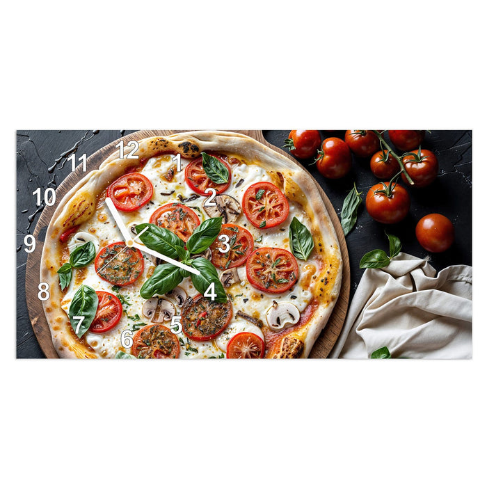 Wanduhr Pizza mit Tomaten aus Glas – Querformat 60 × 30 cm mit Ziffernblatt Modern